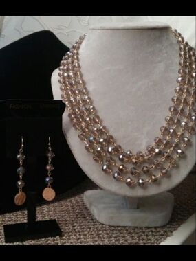 Multi-Strand Gold Crystal Necklace Set with Earrings